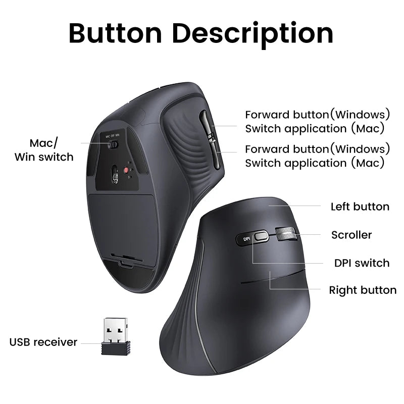 UGREEN Wireless Bluetooth 5.0 Vertical Mouse for MacBook Tablet Laptops Computer PC Mice