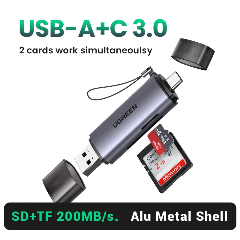 UGREEN USB A&C 2-in-1 Card Reader For Phone Laptops and Tablets.