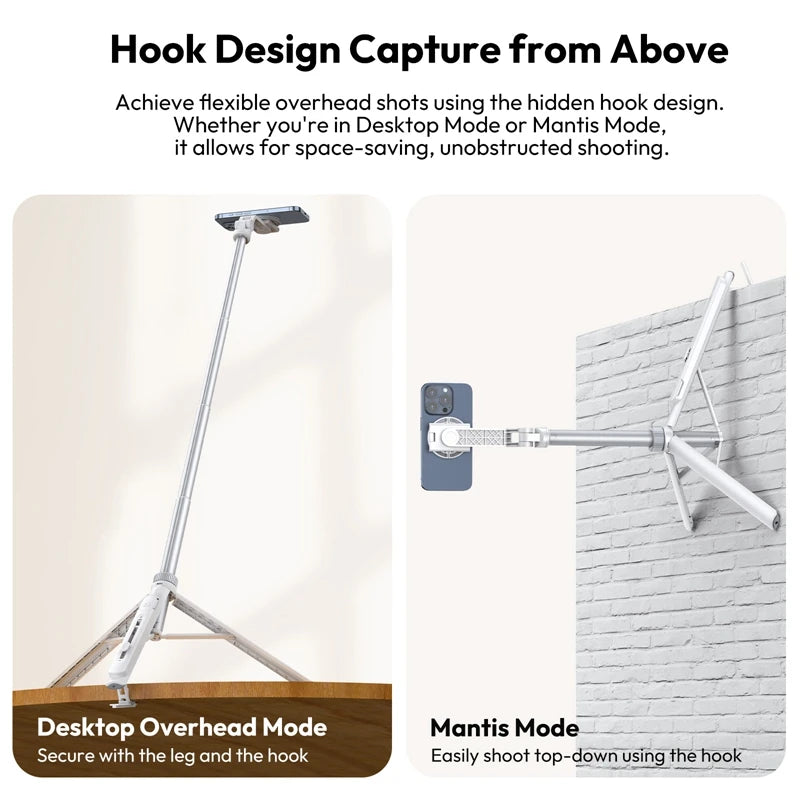 1.44M Overhead Vlogging Selfie Stick Tripod with Magnetic Clamp